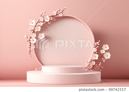 Empty round podium for product display on pink background with cherry blossoms. Generative AI illustration Empty round podium for product display on pink background with cherry blossoms. Generative AI illustration 99742557