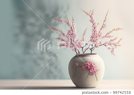 Blossoming cherry sakura bouquet in a vase on a gray background. Spring Japanese Still Life. Generative AI illustration Blossoming cherry sakura bouquet in a vase on a gray background. Spring Japanese Still Life. Generative AI illustration 99742558