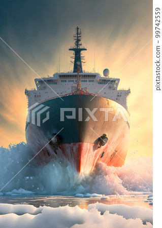 Icebreaker breaks ice hummocks and ice floes in the Arctic Ocean against of dramatic sky. Generative AI illustration Icebreaker breaks ice hummocks and ice floes in the Arctic Ocean against of dramatic sky. Generative AI illustration 99742559