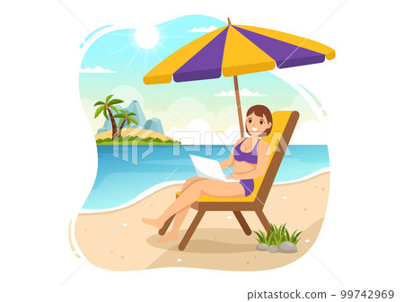 Freelance Workers From Swimming Pool Illustration with Relaxing, Drink Cocktails and Using Laptop in Cartoon Hand Drawn for Landing Page Templates 99742969