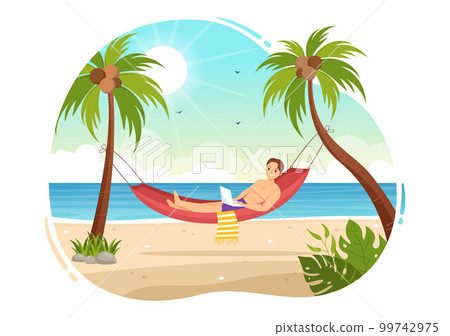 Freelance Workers From Swimming Pool Illustration with Relaxing, Drink Cocktails and Using Laptop in Cartoon Hand Drawn for Landing Page Templates 99742975
