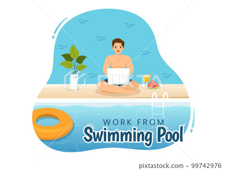 Freelance Workers From Swimming Pool Illustration with Relaxing, Drink Cocktails and Using Laptop in Cartoon Hand Drawn for Landing Page Templates 99742976