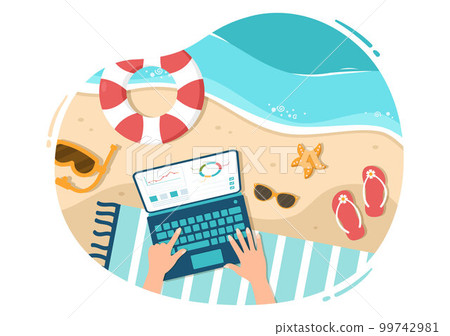 Freelance Workers From Swimming Pool Illustration with Relaxing, Drink Cocktails and Using Laptop in Cartoon Hand Drawn for Landing Page Templates 99742981