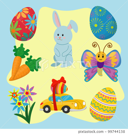 set of happy easter holiday with elements of eggs, flowers, butterfly, carrots, rabbit, car and egg 99744138