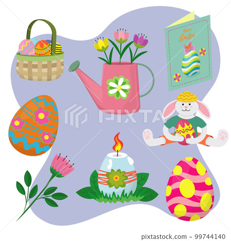 set of happy easter holiday with elements of eggs, watering can, flower, rabbit, basket with eggs, candle and post card set of happy easter holiday with elements of eggs, watering can, flower, rabbit, basket with eggs, candle and post card 99744140