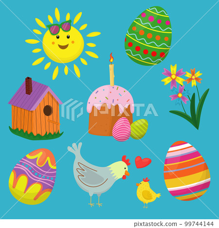 set of happy easter holiday with elements of eggs, easter cake, flowers, birdhouse, chicken and chick 99744144
