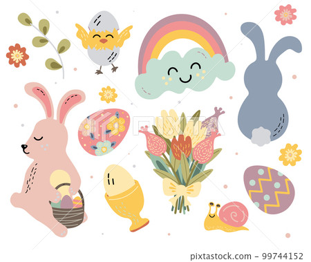 set of vector flat illustrations easter easter bunnies eggs flowers set of vector flat illustrations easter easter bunnies eggs flowers 99744152