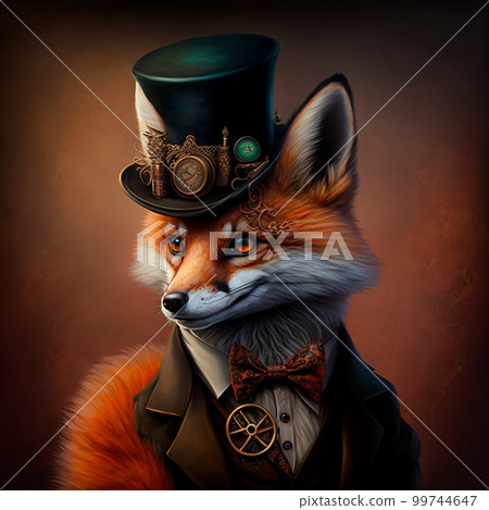 Fox gentleman in a beautiful hat.Steampunk style Fox gentleman in a beautiful hat.Steampunk style 99744647