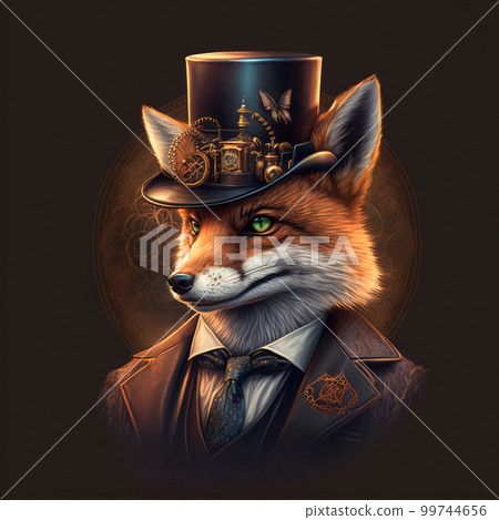 Fox gentleman in a beautiful hat.Steampunk style Fox gentleman in a beautiful hat.Steampunk style 99744656