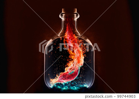A bottle filled with colorful liquid fire A bottle filled with colorful liquid fire 99744903