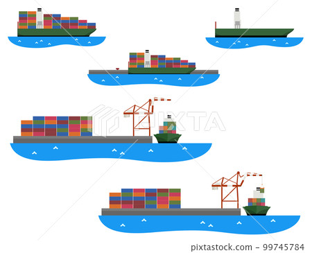 Cargo ship, container wharf, container crane, sea logistics set 99745784