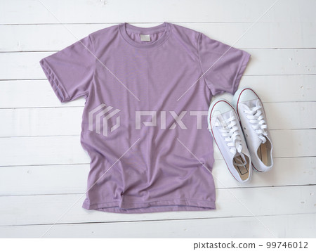 Purple T Shirt mockup weathered and canvas shoes on white wood background 99746012