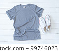 Grey  T Shirt mockup weathered and canvas shoes on white wood background 99746023