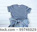 Gray  Tshirt Mockup Athletic Heather plaid shirt Waist Tie And Rolled Sleeve On white Wood 99746029