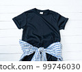 Black Tshirt Mockup Athletic Heather plaid shirt Waist Tie And Rolled Sleeve On white Wood 99746030