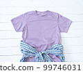 purple Tshirt Mockup Athletic Heather plaid shirt Waist Tie And Rolled Sleeve On white Wood 99746031