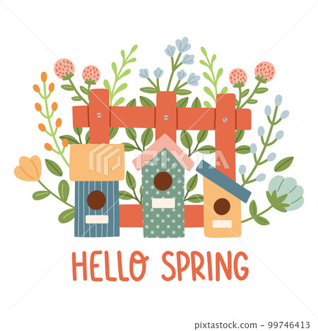 Spring birdhouse. Spring mood greeting card template. Welcome spring season invitation. Minimalist postcard birdhouse.  99746413