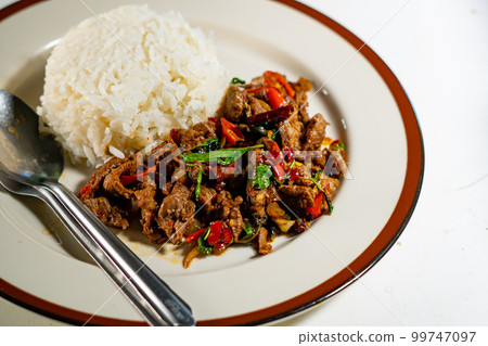 stir-fried basil with pork and fried egg stir-fried basil with pork and fried egg 99747097