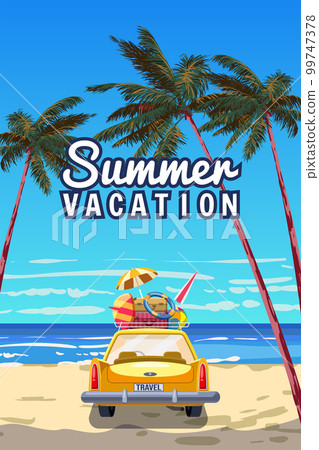 Summer vacation travel poster yellow car with luggage bags, surfboard on the beach 99747378
