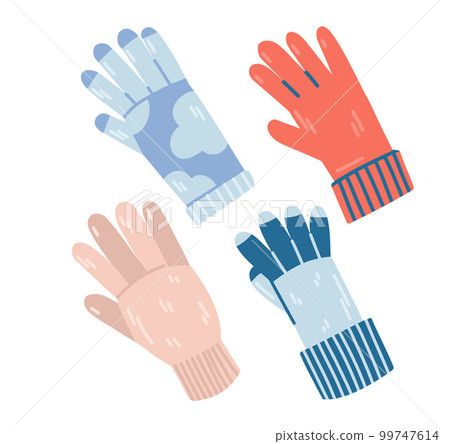 A set of multi-colored warm gloves in flat style. Gloves with colored fingers and cuffs. A set of multi-colored warm gloves in flat style. Gloves with colored fingers and cuffs. 99747614