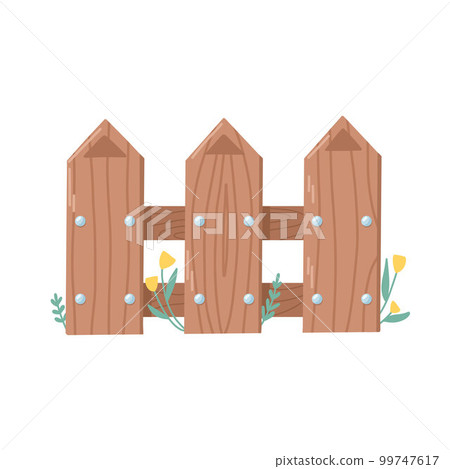 Illustration of a fragment of a wooden garden fence. Fence with flowers and herbs 99747617
