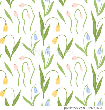 Delicate pattern with tulips and lilies of the valley, yellow, pink and blue flowers on white Delicate pattern with tulips and lilies of the valley, yellow, pink and blue flowers on white 99747631
