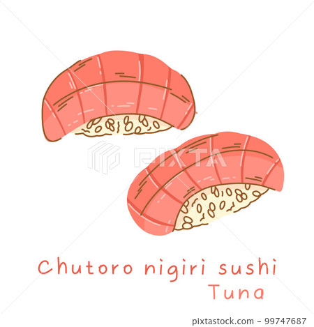 Portioned chutoro nigiri sushi with tuna on rice side view and three quarter view Portioned chutoro nigiri sushi with tuna on rice side view and three quarter view 99747687
