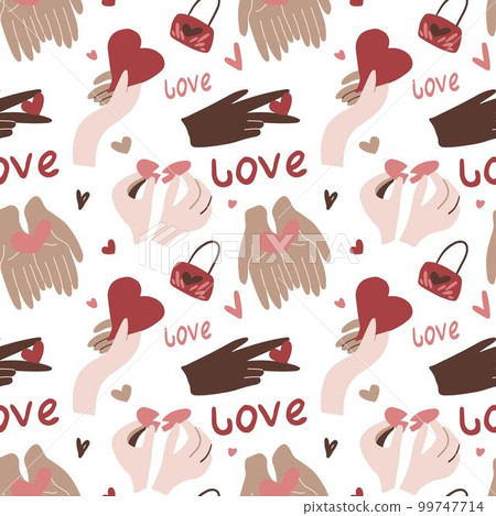 Pattern with hearts in hands of variety colors, locks and love lettering on a white background Pattern with hearts in hands of variety colors, locks and love lettering on a white background 99747714