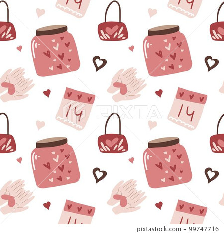 Pattern with hearts in hands, calendar with number fourteen and jars with hearts on a white background in powdery colors Pattern with hearts in hands, calendar with number fourteen and jars with hearts on a white background in powdery colors 99747716
