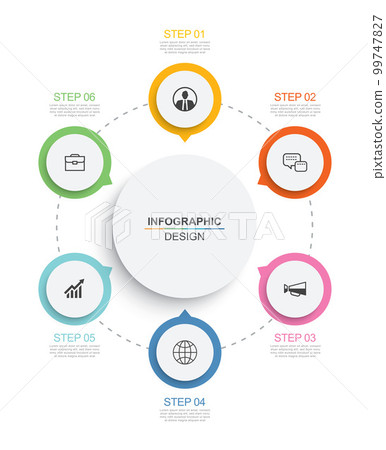 Infographics circle timeline with 6 number data template. Vector illustration abstract background. 99747827