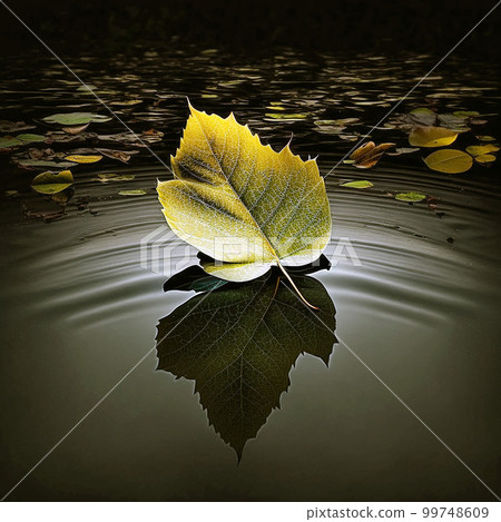 在黑暗池塘中心的水面上漂浮著一片綠葉的孤獨景象 99748609