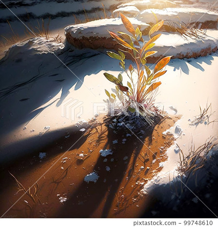 生機勃勃的植物在融雪的土地上在溫暖的陽光下發芽 99748610