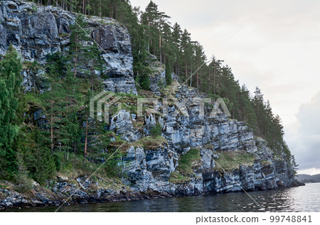 Summer landscape with lake, rock and forest Summer landscape with lake, rock and forest 99748841