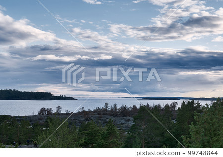 Summer landscape with lake, island and forest Summer landscape with lake, island and forest 99748844