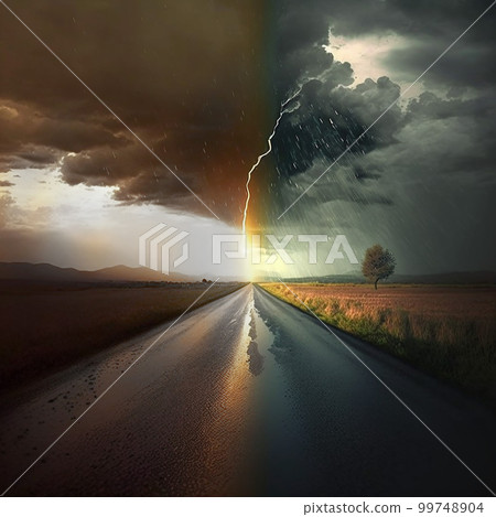 晴天和雨天分界線的道路 99748904