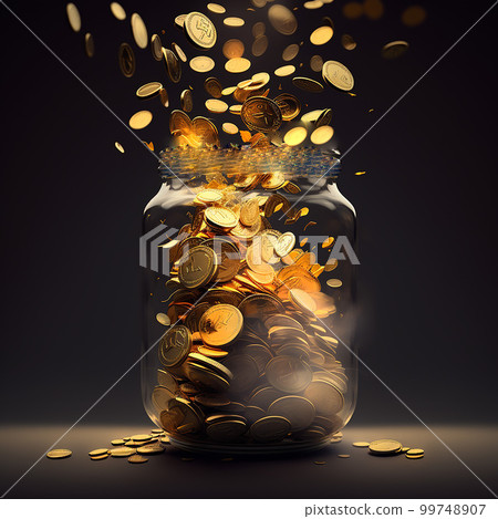 Background with many shiny gold coins overflowing from a jar Background with many shiny gold coins overflowing from a jar 99748907