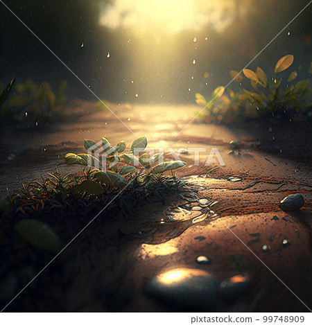 The earth and small plants after the rain where the sun shines 99748909