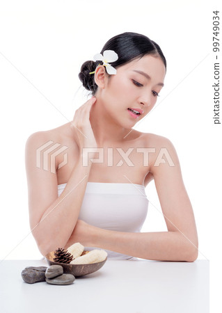 Beauty woman perfect face fresh clean skin portrait isolated on white. Beautiful asian girl with make up and beauty healthy skin color lips red and hair portrait. Spa and skin care concept. Beauty woman perfect face fresh clean skin portrait isolated on white. Beautiful asian girl with make up and beauty healthy skin color lips red and hair portrait. Spa and skin care concept. 99749034