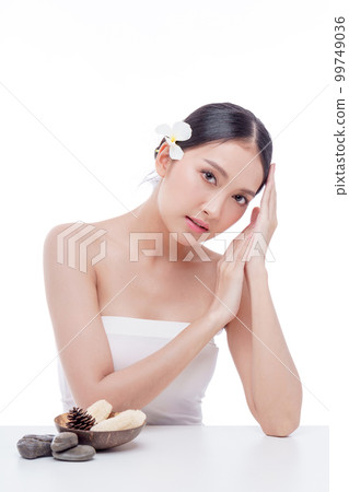 Beauty woman perfect face fresh clean skin portrait isolated on white. Beautiful asian girl with make up and beauty healthy skin color lips red and hair portrait. Spa and skin care concept. Beauty woman perfect face fresh clean skin portrait isolated on white. Beautiful asian girl with make up and beauty healthy skin color lips red and hair portrait. Spa and skin care concept. 99749036