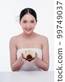 Beauty woman perfect face fresh clean skin portrait isolated on white. Beautiful asian girl with make up and beauty healthy skin color lips red and hair portrait. Spa and skin care concept. 99749037