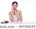 Beauty woman perfect face fresh clean skin portrait isolated on white. Beautiful asian girl with make up and beauty healthy skin color lips red and hair portrait. Spa and skin care concept. 99749039