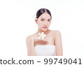 Beauty woman perfect face fresh clean skin portrait isolated on white. Beautiful asian girl holding plumeria flowers with make up and beauty healthy skin color lips red and hair portrait. Spa and skin 99749041