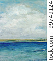Original oil painting of sea and beach on canvas. Big cloud over the sea. 99749124