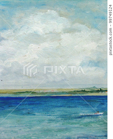 Original oil painting of sea and beach on canvas. Big cloud over the sea. Original oil painting of sea and beach on canvas. Big cloud over the sea. 99749124