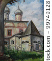 Landscape in a quiet secluded place, russian cathedral. oil painting. 99749128