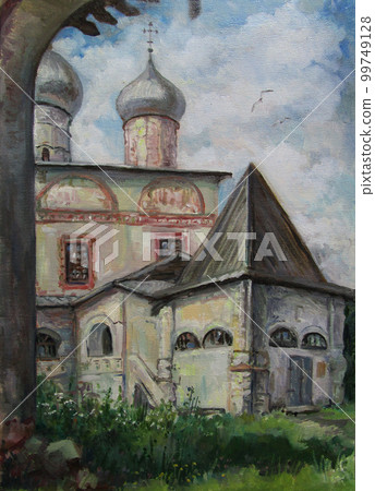 Landscape in a quiet secluded place, russian cathedral. oil painting. 99749128