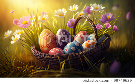 Happy Easter Day Concept. Easter eggs in basket on green grass garden and sunny spring, template banner for website, AI Generative Happy Easter Day Concept. Easter eggs in basket on green grass garden and sunny spring, template banner for website, AI Generative 99749629