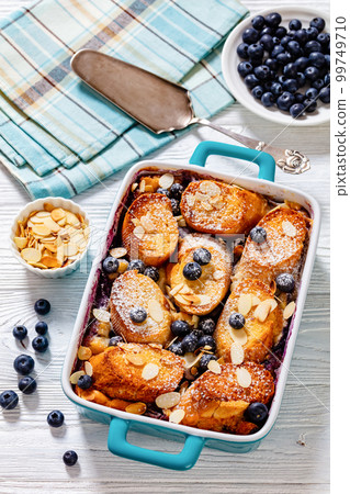 Blueberry Almond Mascarpone French Toast, top view Blueberry Almond Mascarpone French Toast, top view 99749710