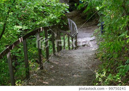 Long trail equipped with gravel steps and wooden handrail for tourists in sunny summer forest. Empty hiking path in Nature park reserve. Long trail equipped with gravel steps and wooden handrail for tourists in sunny summer forest. Empty hiking path in Nature park reserve. 99750241