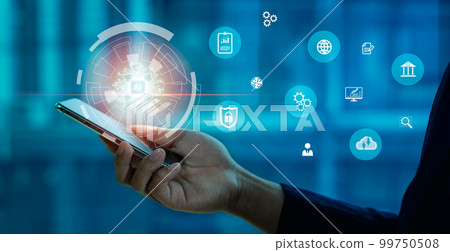 Digital transformation technology strategy, IoT, internet of things. Businessman using smart phone with AI and Digital Icons on dark background. Ai machine learning technology. Digital transformation technology strategy, IoT, internet of things. Businessman using smart phone with AI and Digital Icons on dark background. Ai machine learning technology. 99750508